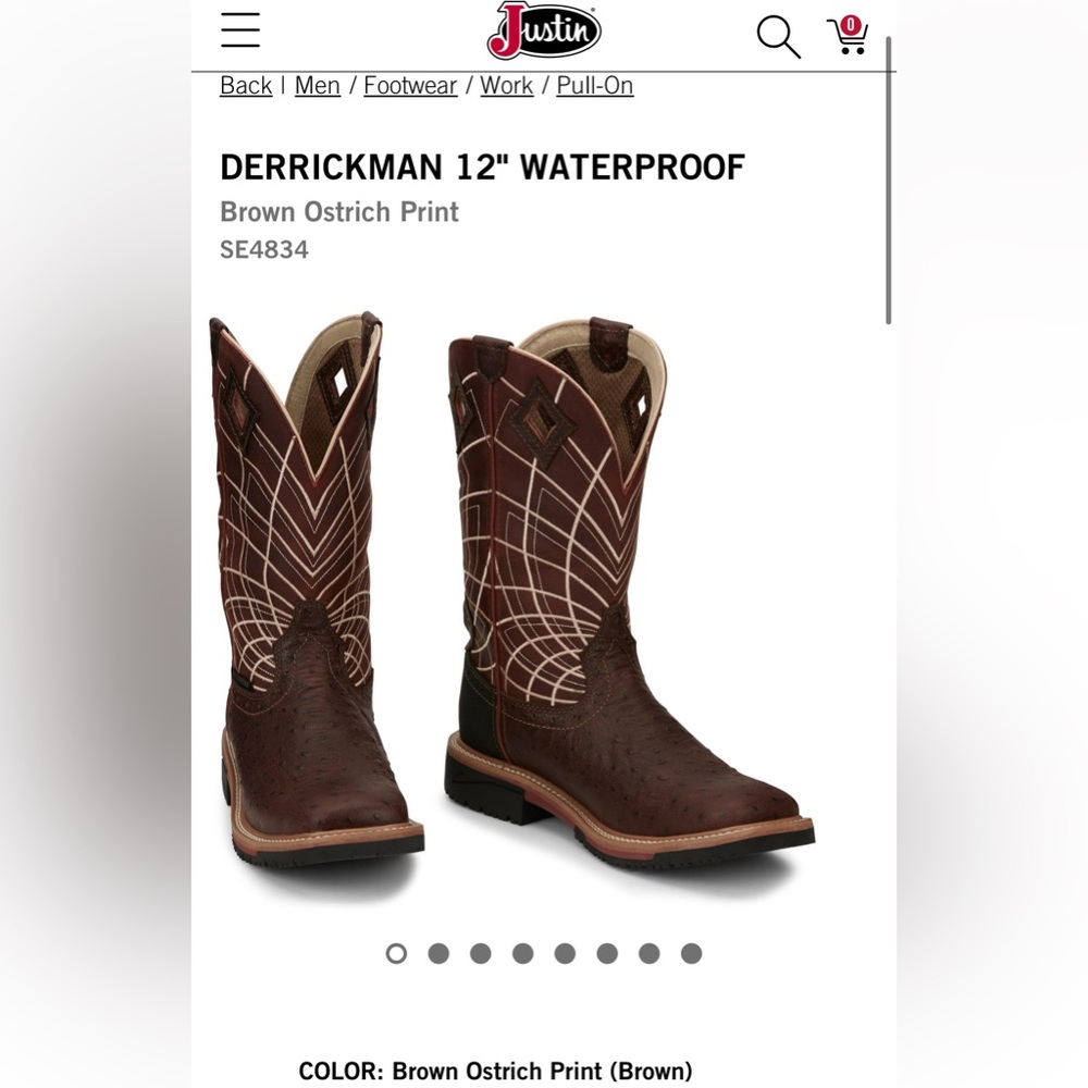 Justin Boots Derrickman 12" Waterproof Brown Ostrich Print Men’s Boots
